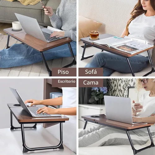 Vista 9 de Mesa de cama ajustable para laptop con soporte para libros, escritorio portátil de lectura con panel lateral, grano de madera