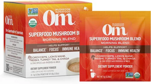 OM MUSHROOM SUPERFOOD Morning Energy Blend - Mezcla de bebida de hongos sin café con Cordyceps, melena de león, rodiola y vitamina D2 - Energía