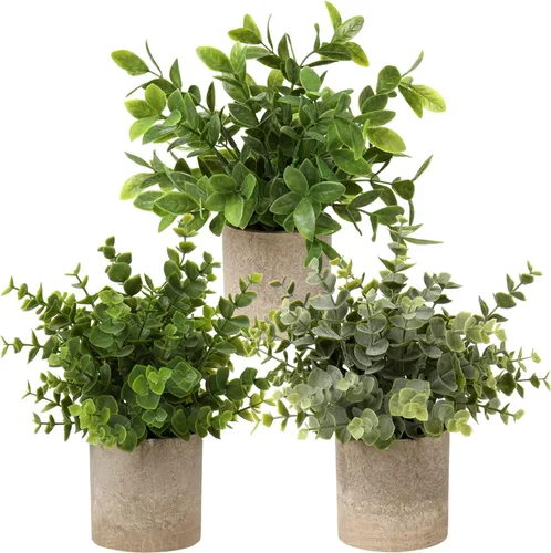 Vista 8 de Briful Juego de 2 plantas artificiales en maceta, plantas pequeñas, de eucalipto, decoración de plantas falsas para el hogar, mesa, oficina