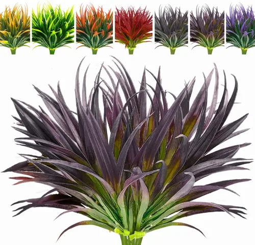 Vista 17 de 8 piezas flores artificiales de otoño para decoración al aire libre, plantas artificiales de otoño para exteriores, hierba amarilla artificial