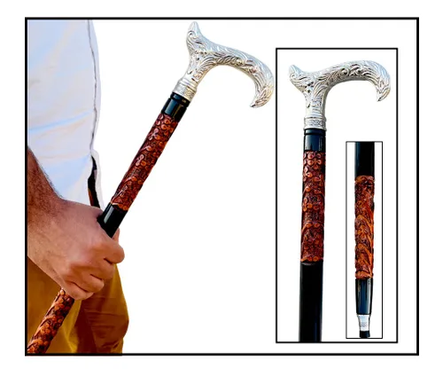 Vista 2 de Brass Walking Stick Wood & Metal Mens Walking Canes Black Shaft Wooden with Silver wooden Stick with Brass Handle Vintage Walking Stick