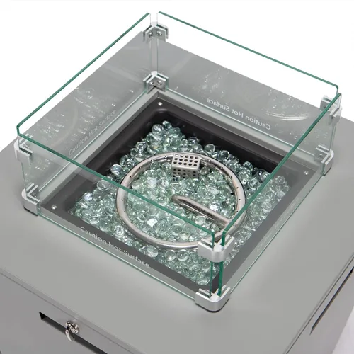 Vista 4 de Mesa gris de aluminio para fogata al aire libre con protector contra el viento 40000 BTU 22 pulgadas, mesa de fuego de gas propano para exterior