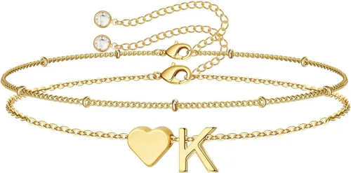 Vista 24 de M MOOHAM Pulseras de oro con inicial de corazón para mujer, pulseras con dije de letra A-Z de corazón dorado en capas para mujer, pulseras