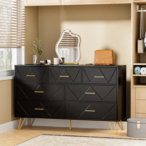 Vista 7 de JOZZBY Cómoda para dormitorio, cómoda de madera negra de 7 cajones con asas doradas, cómodas de almacenamiento modernas y cómodas para pasillo