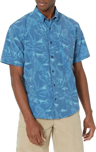 Vista 31 de HUK Camisa Kc Scott estampada Kona, camisa de rendimiento con botones de manga larga para hombre Fish Chaos - Blanco