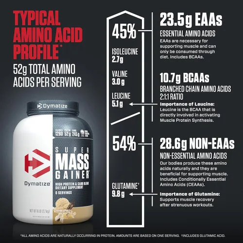 Vista 7 de Dymatize Super Mass Gainer Polvo de Proteína, Vainilla Gourmet, 52g de Proteína, 1g de Creatina, 1280 Calorías, 10.7g de BCAA, 245g