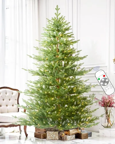 Árbol de Navidad artificial de 6 pies preiluminado de abeto con control remoto, 450 luces multicolor blancas cálidas, con bisagras/sensación
