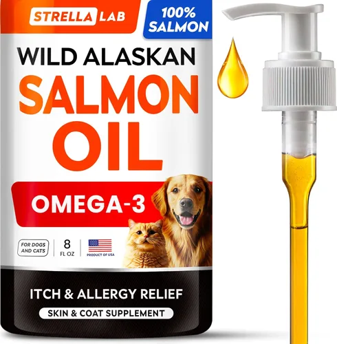 StrellaLab Aceite de salmón salvaje de Alaska para perros, omega 3 natural para perros y gatos, alivio de picazón y alergias, apoyo de la piel y el
