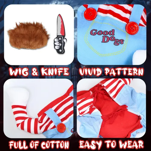 Vista 4 de GOYOSWA Disfraz de Halloween para perro, muñeca mortal para perro, disfraz divertido para perro, ropa de disfraz de Halloween para perros pequeños