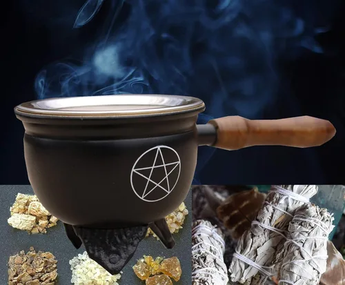 Vista 6 de Quemador de incienso de carbón de metal grande con mango de madera (Pentagrama)