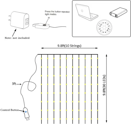 Vista 5 de 300 Luces LED de Cortina de Navidad en Cadena, Luces de Hadas de Fondo con Control Remoto USB, 8 Modos de Iluminación, Luces Rojas para Ventana