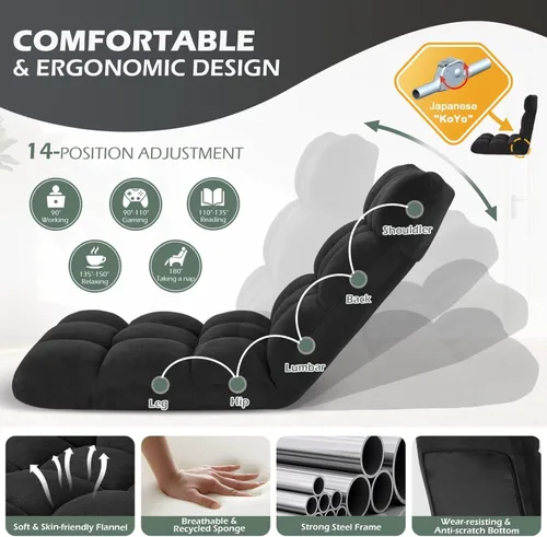 Vista 90 de Silla plegable para juegos de suelo de 14 posiciones, acolchada y ajustable, con algodón transpirable y terciopelo coral agradable a la piel