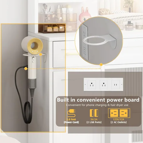 Vista 5 de Escritorio de tocador con espejo y luces y toma de corriente, escritorio de maquillaje con cajón y estantes de almacenamiento, 3 modos