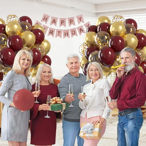 Vista 6 de 60 globos burdeos y dorados de 12 pulgadas, globos color granate y dorado con globos de confeti dorado metálico para decoraciones de graduación