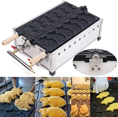 Vista 3 de DYRABREST Máquina para hacer gofres con forma de pescado, máquina japonesa antiadherente para hacer gofres Taiyaki, máquina para hacer gofres de gas