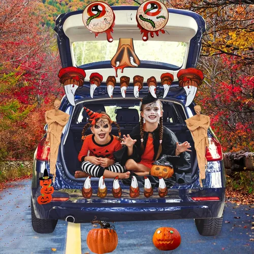 Vista 4 de Juego de 17 piezas de decoración de Halloween para tronco o auto, monstruo con ojos grandes, colmillos, decoraciones de Halloween aterradoras
