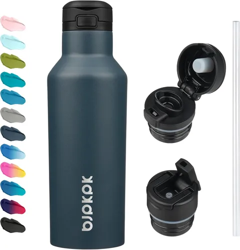 Vista 13 de BJPKPK Botella de agua aislada con pajilla, botellas de agua de acero inoxidable de 25 onzas con 2 tapas y asa de transporte, botella térmica
