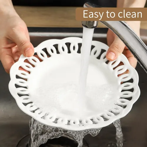 Vista 5 de fMBB Plato redondo para aperitivos con borde festoneado de encaje, juego de 4, platos de postre de cerámica blanca de 8 pulgadas, pequeños