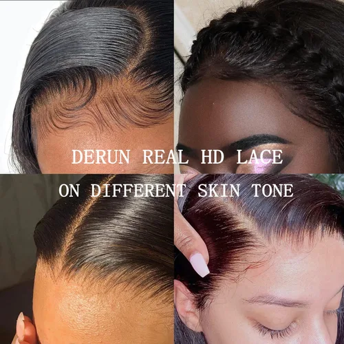 Vista 5 de Derun Pelucas de cabello humano con cierre de encaje HD real de 5 x 5, densidad del 180 %, encaje frontal suizo invisible ondulado, prearrancado