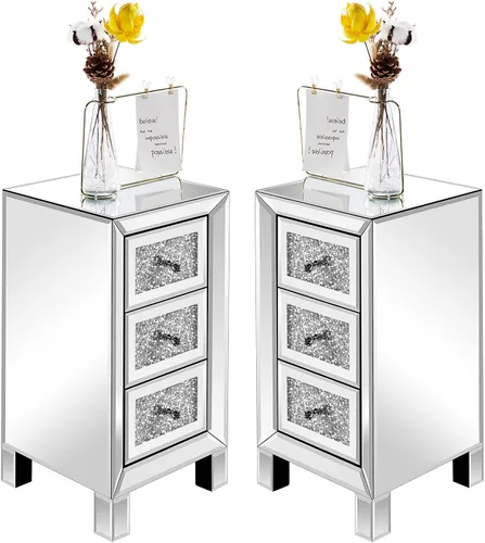 Vista 12 de VINGLI Mesita de noche con espejo de 3 cajones, mesa auxiliar de cristal, totalmente montada, color plateado