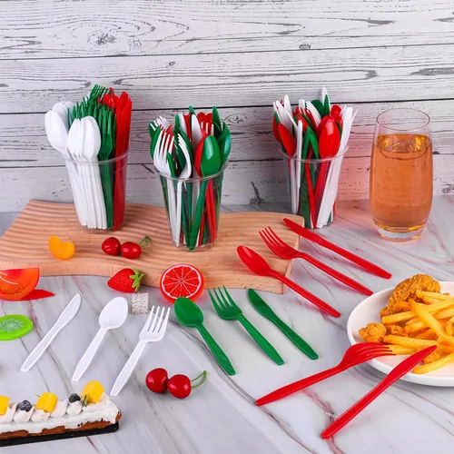 Vista 4 de Kochorie 360 cubiertos de plástico de Navidad desechables cubiertos de plástico para Navidad, rojo, verde, blanco, tenedores, cuchillos y cucharas