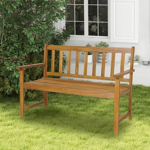 Vista 4 de HAPPYGRILL Banco de madera para patio con respaldo ergonómico y reposabrazos, banco al aire libre para 2 personas, marco de madera de acacia