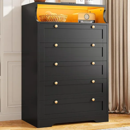 EnHomee Black Dresser with 5 Drawers for Bedroom,Tall Dresser with LED Lights and 2 Shelves,Dressers & Chests of Drawers for Hallway,Entryway,Black