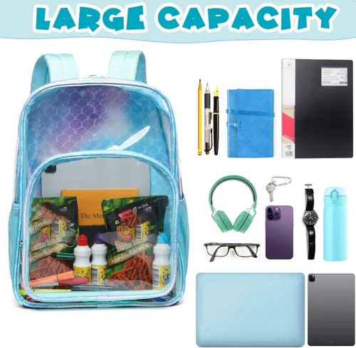 Vista 5 de BLUEFAIRY Mochila transparente para estadio escolar, grande, de PVC, transparente, bolsa de libros, mochila transparente, Azul bebé, Mochilas Daypack