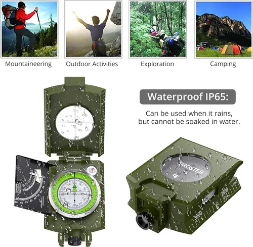 Vista 5 de Proster Brújula IP65 para senderismo de supervivencia, brújula de observación lensatic para navegación de camping, brújula con clínómetro y bolsa