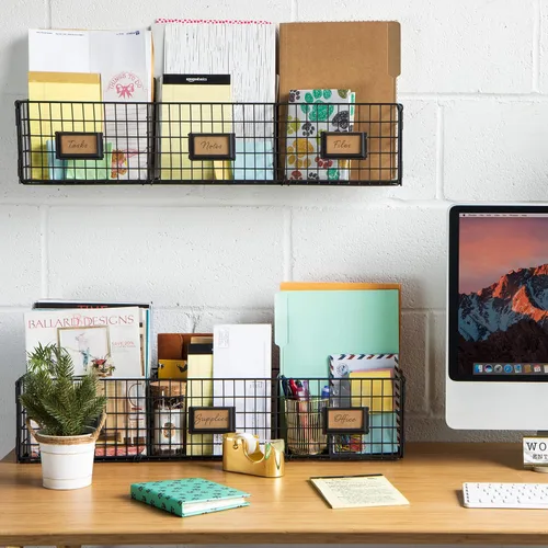 Vista 2 de Wall35 Amalfi Hanging File Folders Office Desk Organizer Wall Mount Wire Basket Storage Magazine Holder 3 Sectional Set of 2 Black