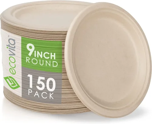 Ecovita Platos de papel 100 % compostables [9 pulgadas] – 150 platos desechables ecológicos, resistentes, libres de árboles, líquidos y resistentes