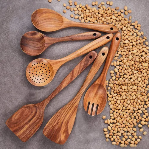 Vista 2 de GUDAMAYE - Juego de utensilios de cocina de madera, 6 cucharas de madera para cocinar, utensilios de cocina de madera, cucharas de madera de teca