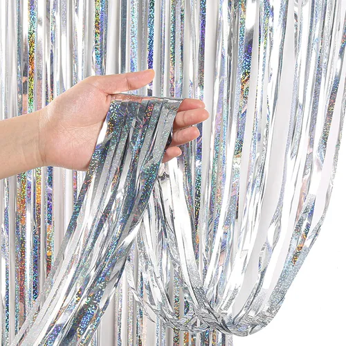 Vista 7 de Paquete de 3 cortinas de telón de fondo, serpentinas de flecos de oropel, decoraciones de cumpleaños, decoración de fiesta de discoteca