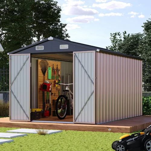 Vista 16 de Cobertizo de almacenamiento de metal negro de 10 x 10 pies, cobertizo de herramientas duradero para exteriores con construcción de acero resistente