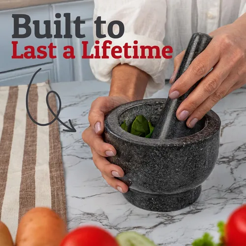 Vista 2 de PriorityChef - Juego grande de mortero y mortero, 2 tazas, cuenco de mortero de granito 100% natural y molinillo de piedra de mortero, cuenco