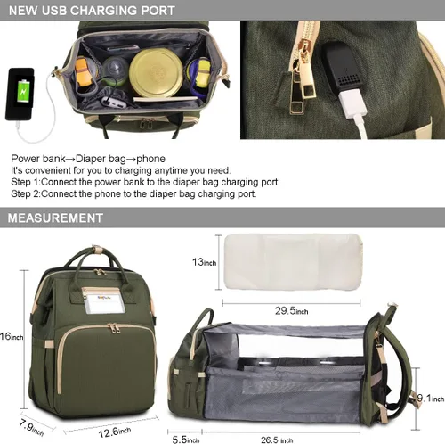 Vista 5 de HappyLuoka Mochila para pañales con cambiador, bolsa de bebé para niños y niñas, bolsa cambiadora de pañales unisex, mochila de viaje multifunción