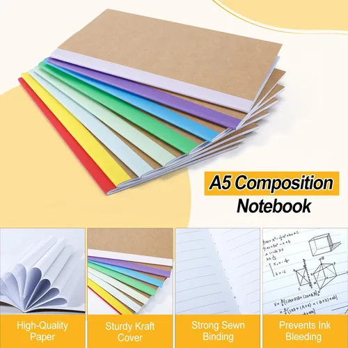 Vista 3 de Paquete de 24 cuadernos de composición a granel, cuadernos de papel kraft A5, diarios rayados a granel con espinas arcoíris, 60 páginas, 30 hojas
