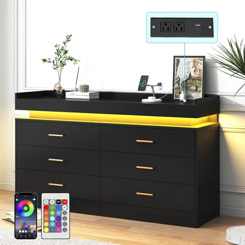 Vista 15 de jiteentarou Cómoda de 5 cajones con estación de carga y luces LED, cómoda moderna con toma de corriente, armario organizador para dormitorio, sala