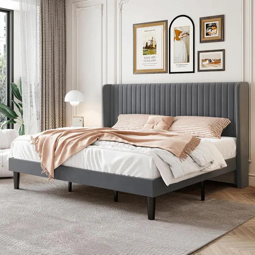Vista 17 de SHA CERLIN Base de cama de terciopelo tamaño Queen con cabecera capitoné de canal vertical, plataforma tapizada con listones de madera, no necesita