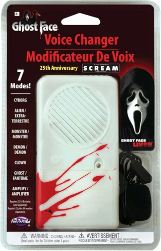 Vista 6 de Fun World Conjunto de disfraz de cara de fantasma para niños, disfraz de película de grito, cuchillo de plástico y accesorio cambiador de voz