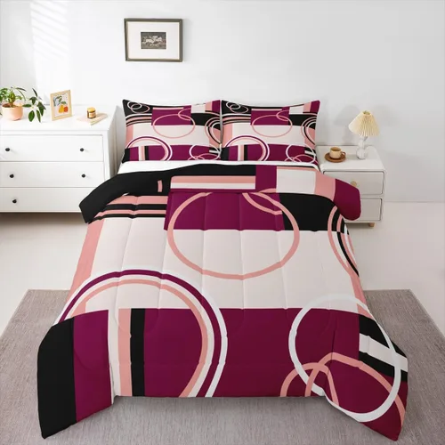 Vista 17 de Moderno juego de ropa de cama de color morado, negro y gris, edredón de círculos geométricos con espirales, edredón acolchado a rayas abstractas a