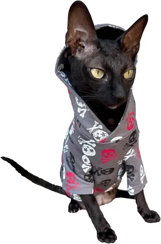 Vista 4 de Kotomoda Sudadera con capucha de gato en gris 100% algodón para gatos Sphynx y desnudos (pequeño)