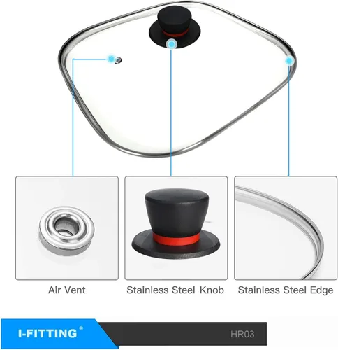 Vista 6 de Tapa cuadrada de vidrio templado, tapa cuadrada ventilada de vidrio templado transparente, utensilios de cocina de repuesto, cubierta de sartén, 1