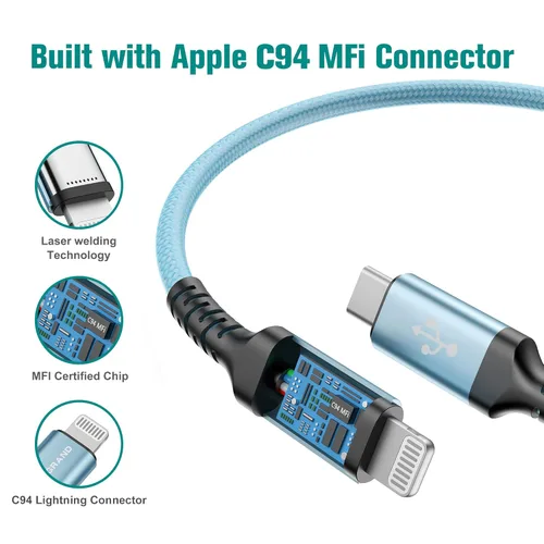 Vista 2 de Cable trenzado USB-C a Lightning C94 con certificación MFi para iPhone 14/13/12/11 Pro Max Plus Mini, SE XS Max XR X, 8/7/6 Plus, iPad, AirPods, 6