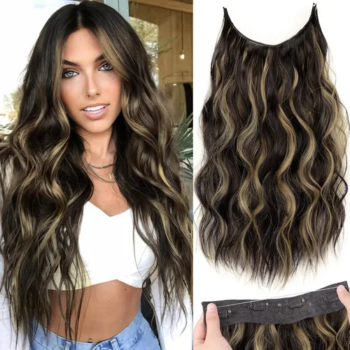 Vista 100 de Extensiones de cabello con hilo invisible, diadema transparente, ajustables, 4 clips fijadores, cabello largo y ondulado de 12 pulgadas, balayage