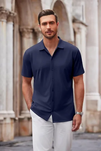 Vista 76 de COOFANDY Camisa casual con botones para hombre, manga corta, sin arrugas, camisa de verano