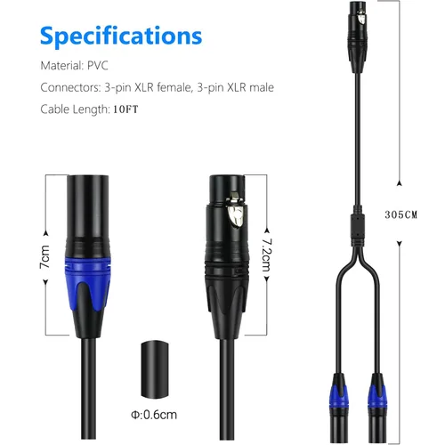 Vista 2 de LanSenSu XLR hembra a 2 XLR macho Patch Y Cable - Cable divisor de micrófono equilibrado de 10 pies (1 unidad)