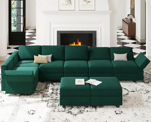 Belffin Sofá modular de gran tamaño en forma de L con diván reversible convertible en forma de L, sofá seccional verde