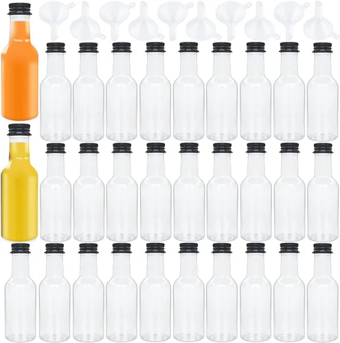 Paquete de 30 mini botellas de licor de 1.7 onzas con tapa negra, botellas de alcohol de plástico con 10 embudos, botella de plástico hermética para