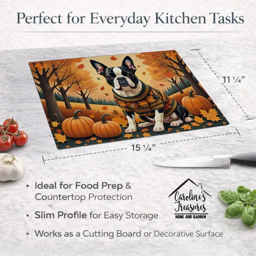 Vista 4 de Caroline's Treasures DAC1024LCB Boston Terrier - Tabla de cortar de vidrio de otoño grande decorativa de vidrio templado para cocina, tabla